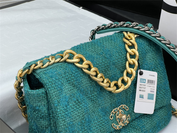 large Ch*el 19 bag tweed gold tone green as1161