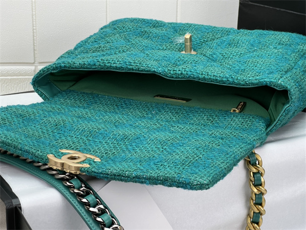large Ch*el 19 bag tweed gold tone green as1161