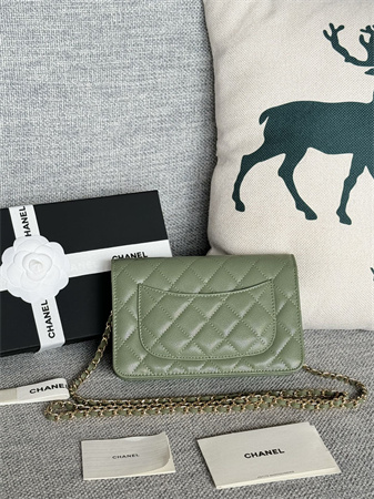 Ch*el wallet on chain grained calfskin gold tone metal green ap0250