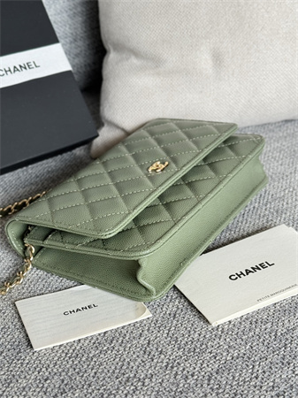 Ch*el wallet on chain grained calfskin gold tone metal green ap0250