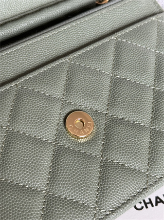 Ch*el wallet on chain grained calfskin gold tone metal green ap0250