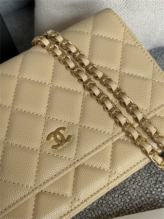 Ch*el wallet on chain grained calfskin gold tone metal beige ap0250