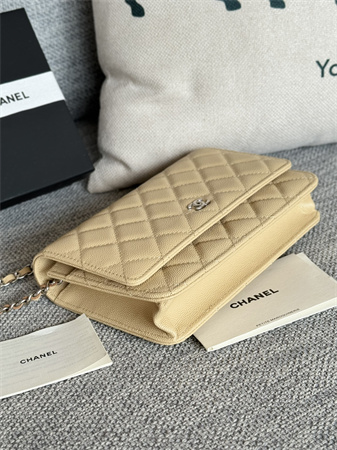 Ch*el wallet on chain grained calfskin silver tone metal beige ap0250