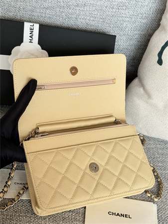 Ch*el wallet on chain grained calfskin silver tone metal beige ap0250