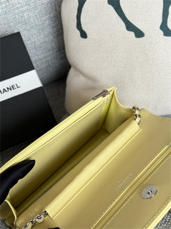 Ch*el wallet on chain grained calfskin silver tone metal yellow ap0250