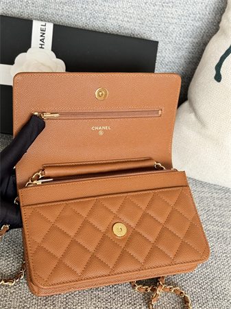 Ch*el wallet on chain grained calfskin gold tone metal brown ap0250