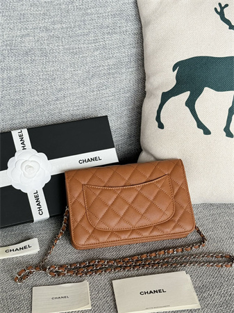 Ch*el wallet on chain grained calfskin silver tone metal brown ap0250