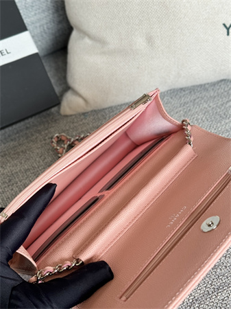 Ch*el wallet on chain grained calfskin silver tone metal pink ap0250