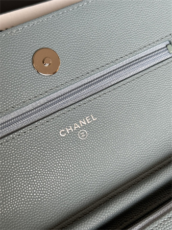 Ch*el wallet on chain grained calfskin silver tone metal blue ap0250