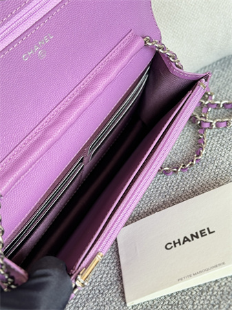 Ch*el wallet on chain grained calfskin silver tone metal purple ap0250