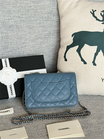 Ch*el wallet on chain grained calfskin silver tone metal blue ap0250