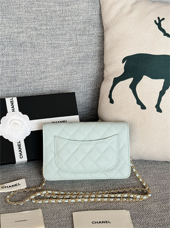 Ch*el wallet on chain grained calfskin gold tone metal pale blue ap0250