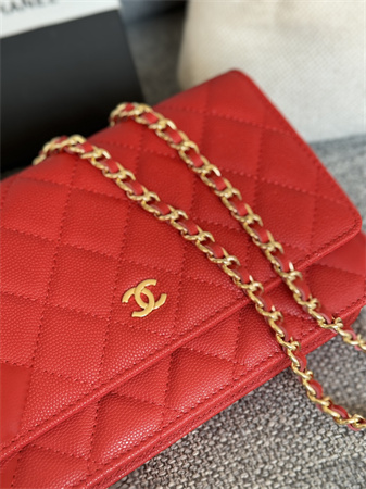 Ch*el wallet on chain grained calfskin gold tone metal red ap0250