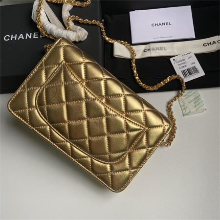 Ch*el wallet on chain lambskin gold tone metal gold ap0250