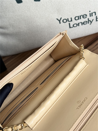Ch*el wallet on chain lambskin gold tone metal beige ap0250