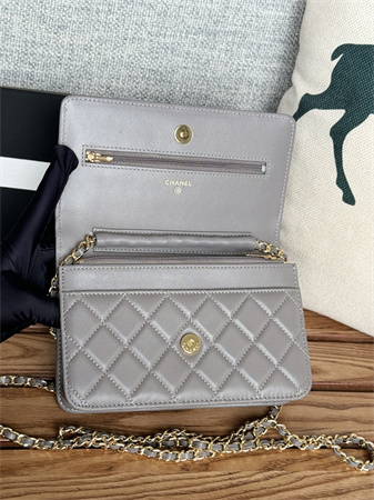 Ch*el wallet on chain lambskin gold tone metal grey ap0250