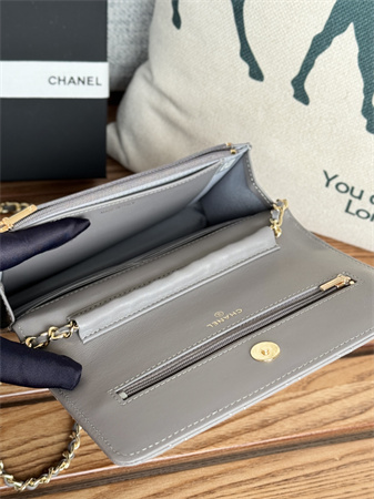 Ch*el wallet on chain lambskin gold tone metal grey ap0250