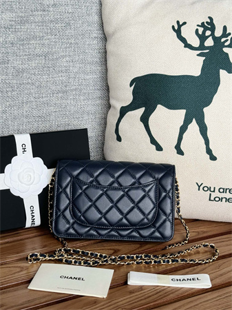 Ch*el wallet on chain lambskin gold tone metal navy ap0250