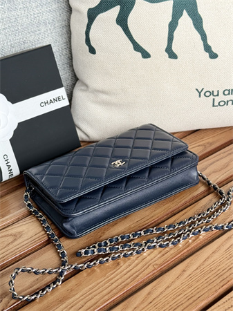 Ch*el wallet on chain lambskin silver tone metal navy ap0250