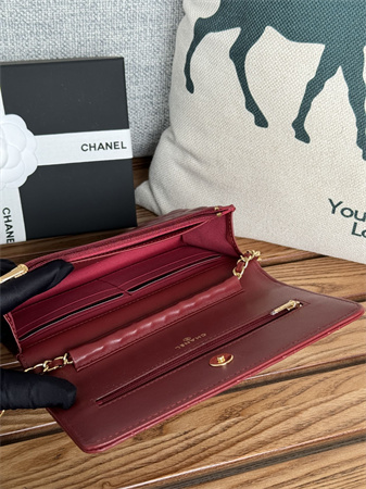 Ch*el wallet on chain lambskin gold tone metal burgundy ap0250
