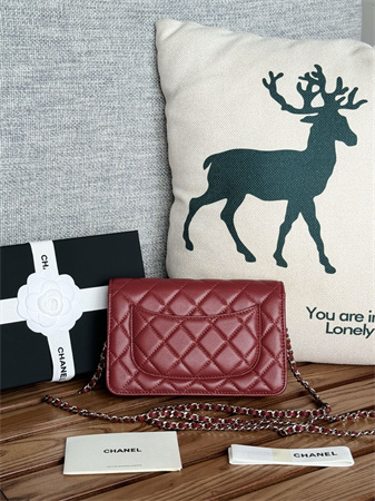 Ch*el wallet on chain lambskin silver tone metal burgundy ap0250