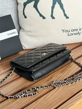 Ch*el wallet on chain lambskin silver tone metal black ap0250