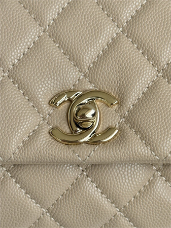 Ch*el small coco handle bag grained calfskin lt gold metal beige a92990
