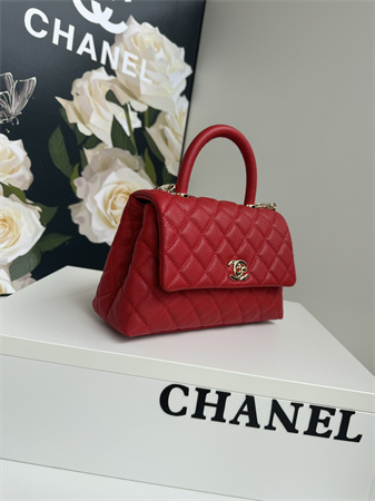 Ch*el small coco handle bag grained calfskin lt gold metal red a92990