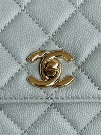 Ch*el small coco handle bag grained calfskin lt gold metal blue a92990