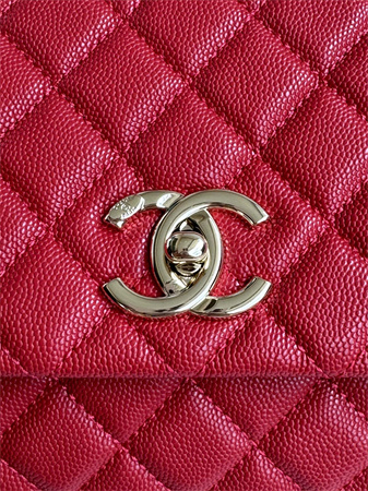 Ch*el large coco handle bag grained calfskin lt gold metal red a92991