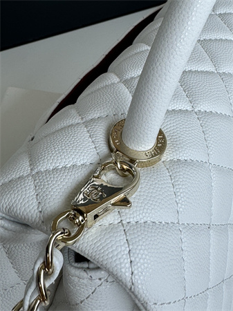 Ch*el large coco handle bag grained calfskin lt gold metal white a92991
