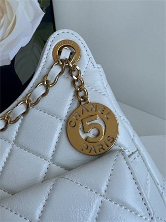 Ch*el hobo handbag shiny crumpled calfskin gold tone metal white as4322