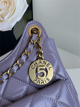 Ch*el hobo handbag shiny crumpled calfskin gold tone metal lt pruple as4322