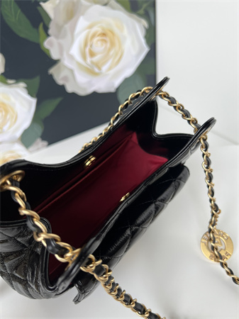 Ch*el small hobo handbag shiny crumpled calfskin gold tone metal black as4323