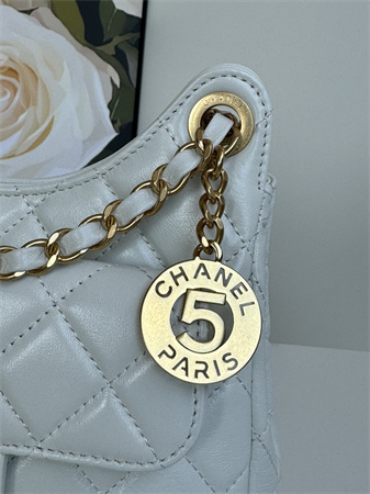 Ch*el small hobo handbag shiny crumpled calfskin gold tone metal white as4323