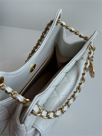 Ch*el small hobo handbag shiny crumpled calfskin gold tone metal white as4323