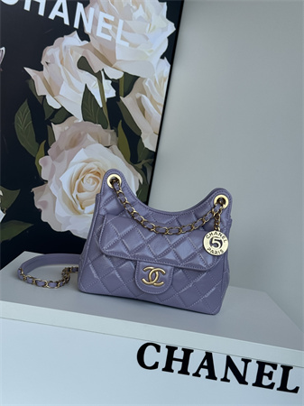 Ch*el small hobo handbag shiny crumpled calfskin gold tone metal lt pruple as4323