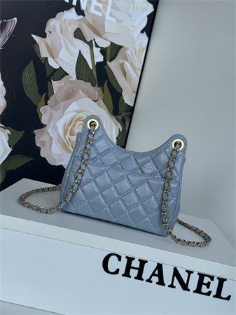 Ch*el small hobo handbag shiny crumpled calfskin gold tone metal blue as4323