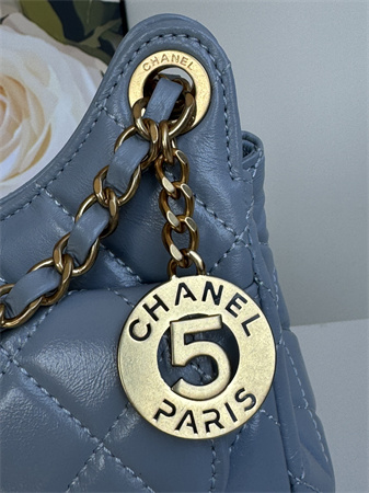 Ch*el small hobo handbag shiny crumpled calfskin gold tone metal blue as4323