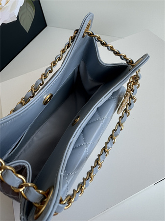 Ch*el small hobo handbag shiny crumpled calfskin gold tone metal blue as4323