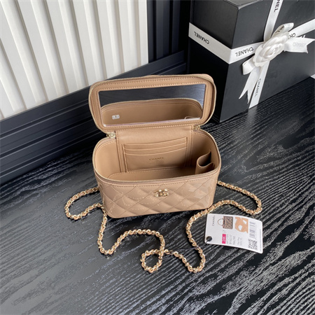 Ch*el vanity with chain patent calfskin gold-tone metal beige ap2199