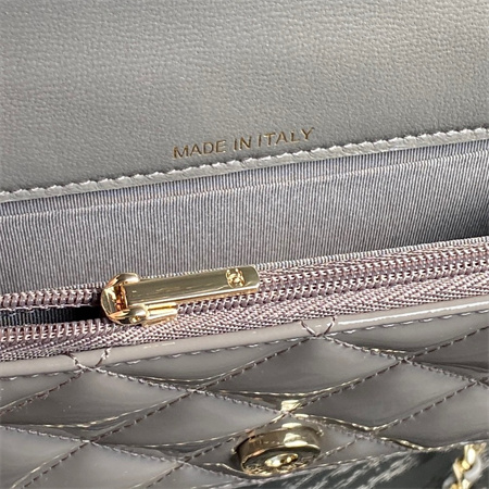 Ch*el flap phone holder with chain patent calfskin gold-tone metal grey ap3226