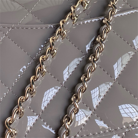 Ch*el mini flap bag with top handle patent calfskin gold tone metal grey as2431