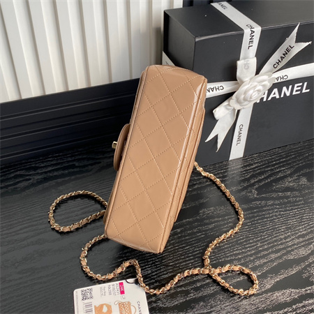 Ch*el mini flap bag with top handle patent calfskin gold tone metal beige as2431