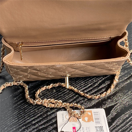 Ch*el mini flap bag with top handle patent calfskin gold tone metal beige as2431