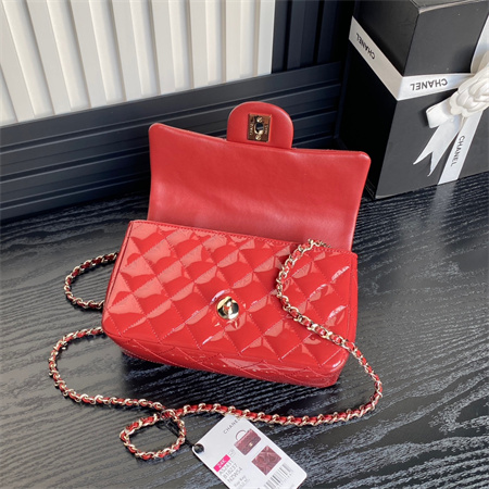 Ch*el mini flap bag with top handle patent calfskin gold tone metal red as2431