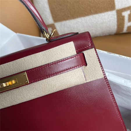 Kelly Sellier Bag Box Leather 25/28CM Gold/Silver Hardware Burgundy HS Customized