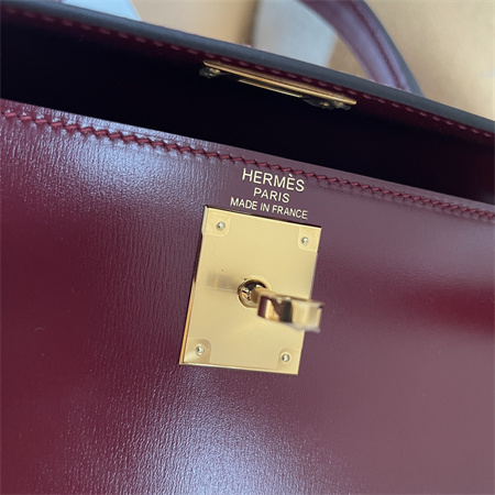 Kelly Sellier Bag Box Leather 25/28CM Gold/Silver Hardware Burgundy HS Customized