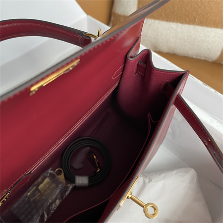 Kelly Sellier Bag Box Leather 25/28CM Gold/Silver Hardware Burgundy HS Customized
