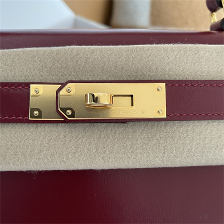 Kelly Sellier Bag Box Leather 25/28CM Gold/Silver Hardware Burgundy HS Customized